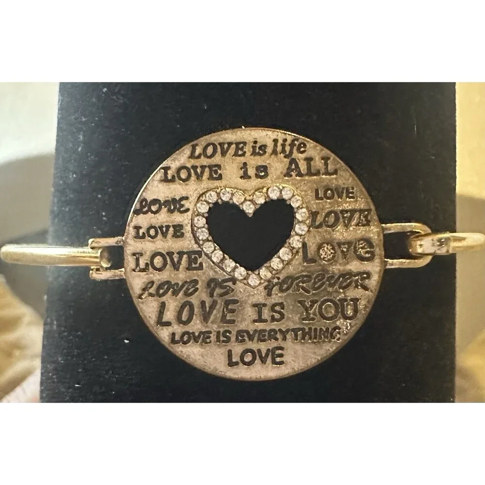 Gold Tone Love Heart Rhinestone Cutout Bangle Bracelet Hook Clasp Inspirational